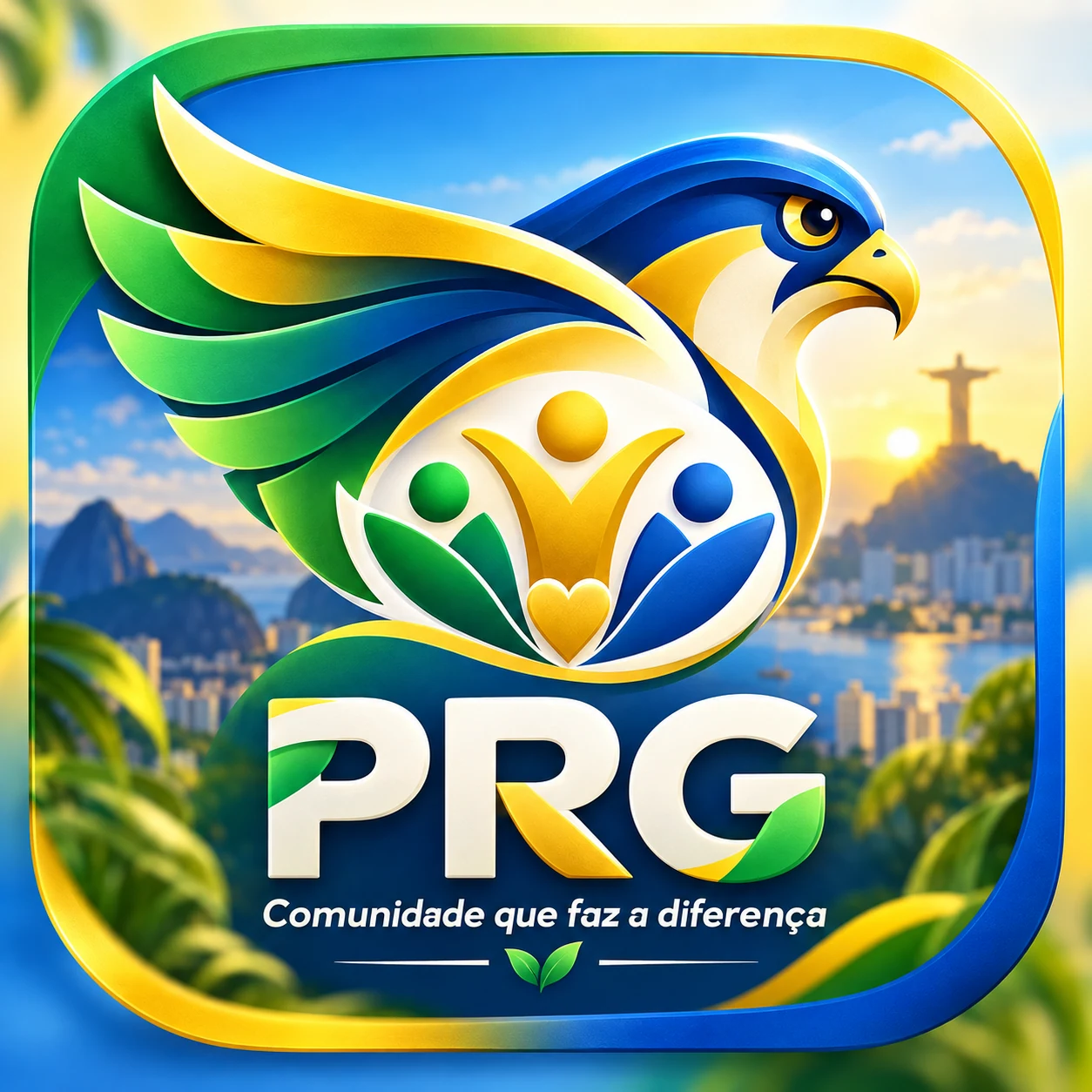 PRG peregrine emblem surrounding three community figures against a bright landscape